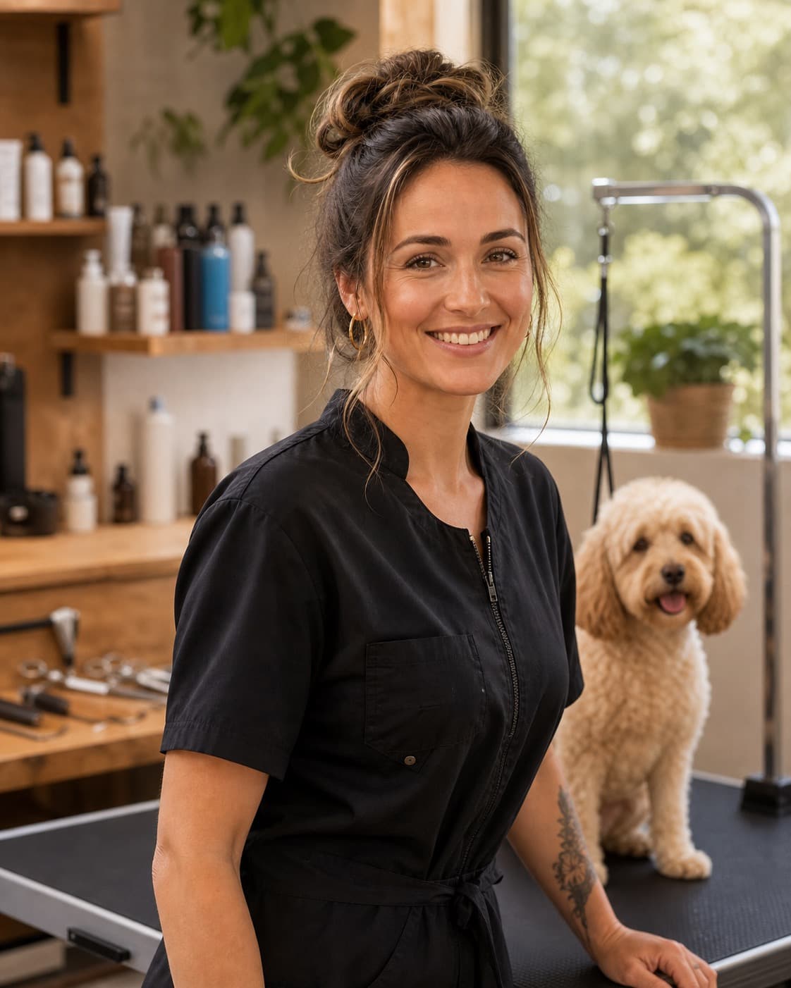 Female dog groomer in Austin studio