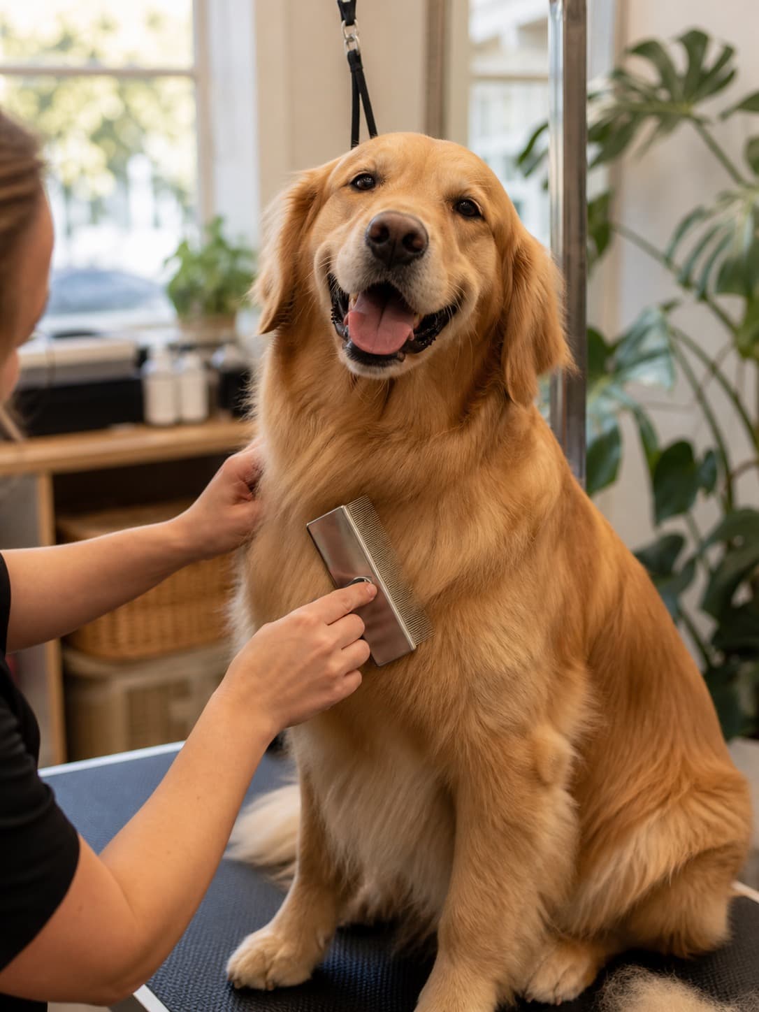 Happy golden retriever being groomed in Austin studio
