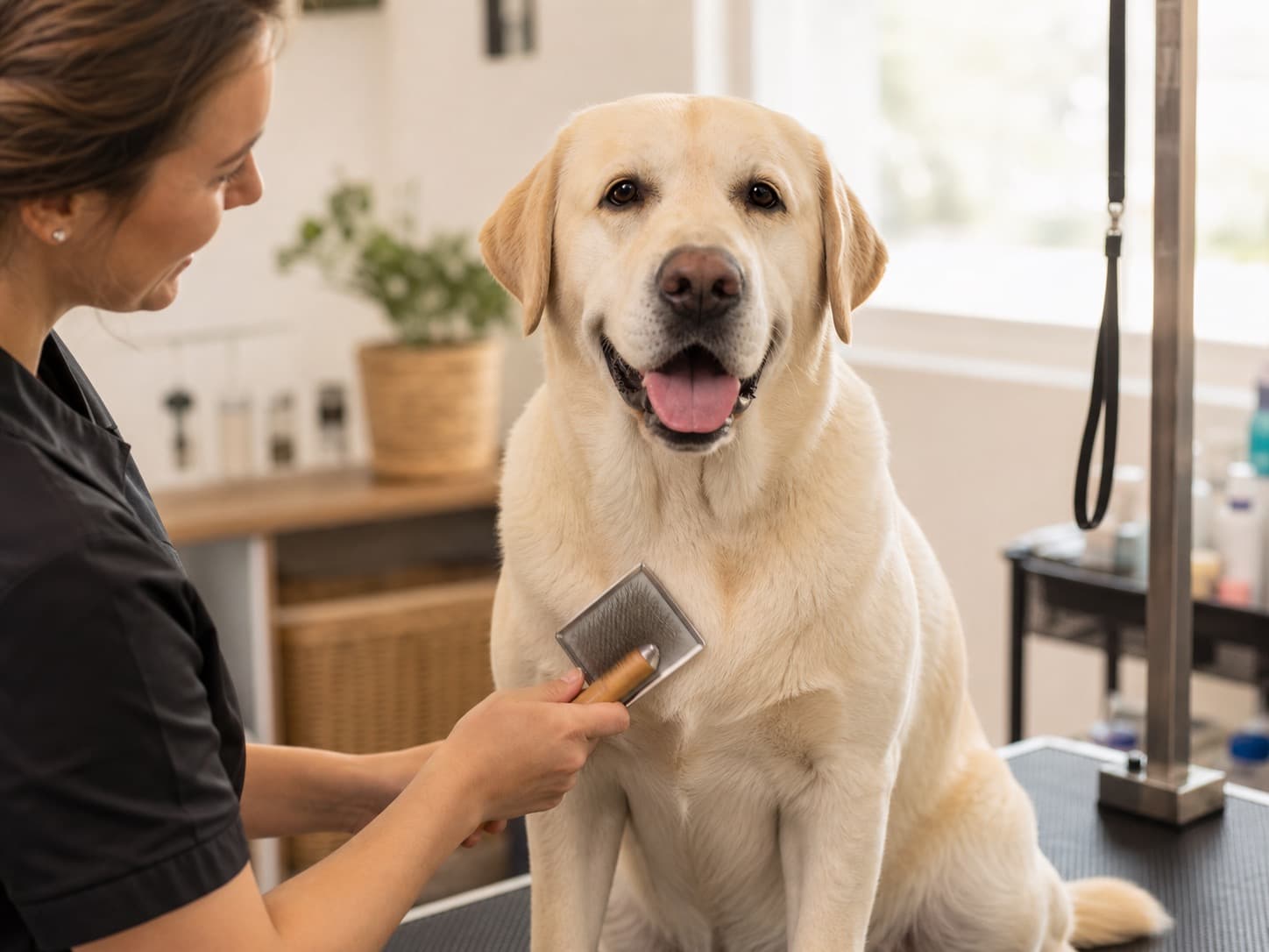 Labrador being brushed by groomer