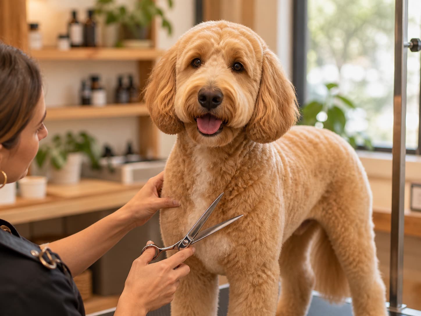 Freshly groomed doodle getting a stylish trim
