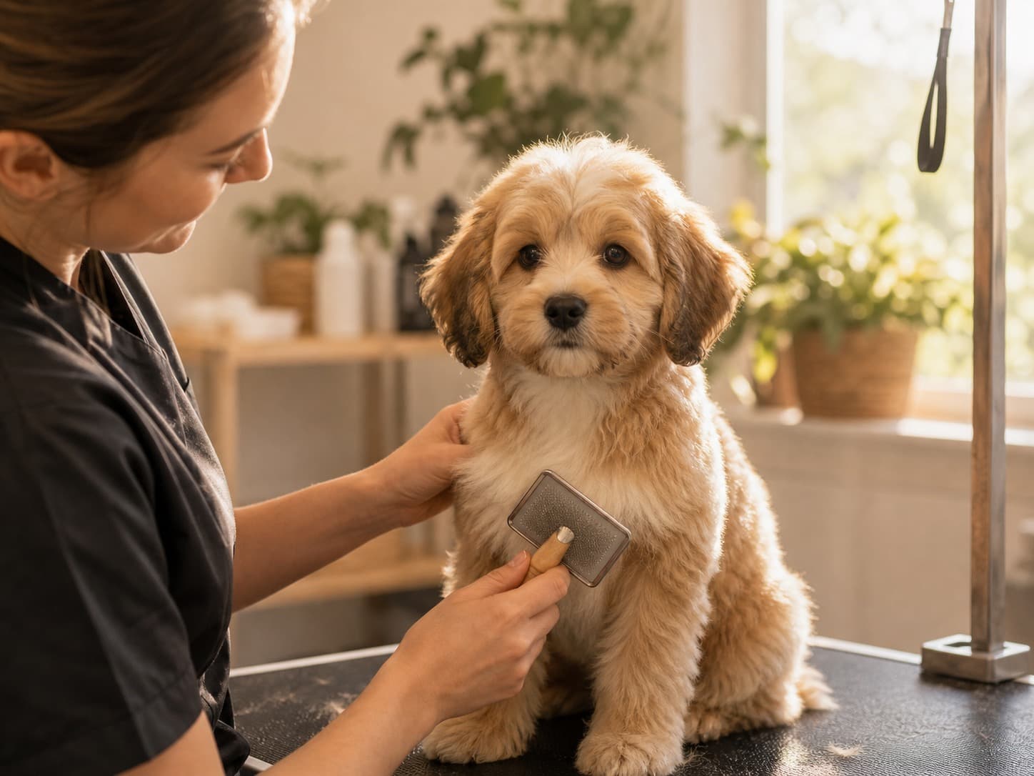 Small puppy receiving first gentle groom